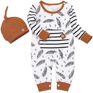 Leuke Pasgeboren Baby Meisje Jongen Kleding Veer Gedrukt Lange Mouw Romper Hoed Katoen Zachte Outfits Sets Voor 0-24Months