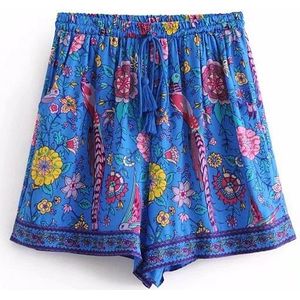 Zomer vintage chic vrouwen blauwe pauw print bohemian shorts strand grote size dames losse rayon happie boho shorts