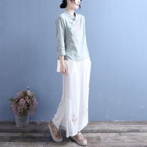 2022 Lange Mouwen Lady Casual Shirt Traditionele Chinese Stijl Top Klassieke Mandarijn Kraag Blouse Vintage Kleding Qipao Vrouwelijke