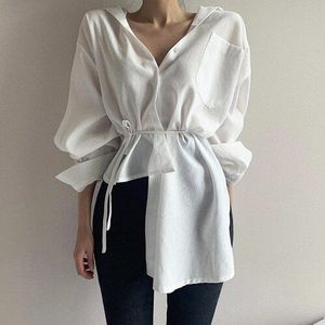 Superaen Koreaanse Stijl Vrouwen Shirts Revers Single-Breasted Effen Kleur Onregelmatige Katoen Dames Blouses En Tops Herfst