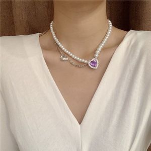 Huanzhi Retro Parel Chian Ketting Kleurrijke Strass Liefde Multilayer Choker Ketting Voor Vrouwen Meisjes Partij Sieraden