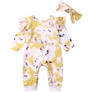 Pasgeboren Baby Meisjes Jongens Romper Kleding Bloemenprint Lange Ruches Mouwen Jumpsuits Algemene Hoofdband Outfits Set