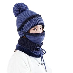 3Pcs Winter Women Thicken Warm Knitted Pompom Beanie Hat Cap Scarf Face Mask Set warm winter for Women girls