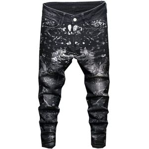 Mannen Zwarte Print Jeans Mode Slanke Denim Broek Midden Taille Broek