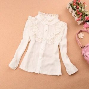 Herfst Kids Kinderen Shirts Solid Chiffon Blouses Tiener School Mandarijn Kraag Wit Kleding Lange Mouwen Tops