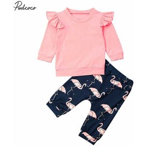 Baby Lente Herfst Kleding 2 STUKS Pasgeboren Baby Kinderen Meisje Lange Mouwen Kleding Shirts Tops Flamingo Broek Outfit set