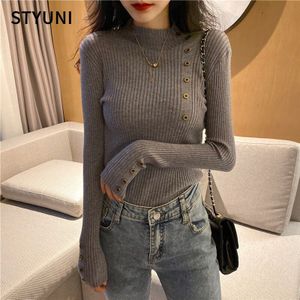 Vrouw Herfst Winter Half High Neck Button Elasticiteit Gebreide Trui Dieptepunt Shirt Losse Trui Volledige Mouw Truien Vrouwen