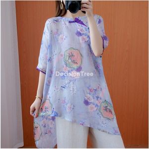 Hanfu Chinese Traditionele Kleding Blouse Vrouwen Tops Katoen Linnen Shirt Bloem Print Blouse Dame Vrouwelijke Chiffon Blouse