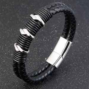 Speciale Geometrische Patroon Rvs Accessoires Streep Combinatie Mannen Lederen Zwarte Armband Herdenkingsgift