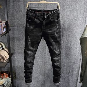 Streetwear Mannen Jeans Zwarte Kleur Elastische Ripped Jeans Mannen Slim Fit Denim Potlood Broek Koreaanse Stijl Hip Hop Jeans homme