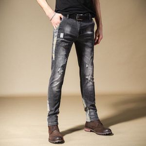 Mode Mannen Patchwork Ripped Jeans Streetwear Straight Slim Fit Denim Broek Grijs Stretch Broek