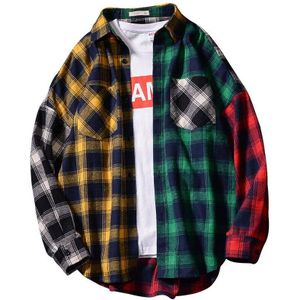 Kleur Blok Patchwork Turn-Down Kraag Mannen Shirt Flanel Plaid Hiphop Shirts Mannen High Street Plaid Lange mouw