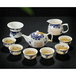 Theepot 10 Stks Kung Fu Thee Set, Ice crystal honingraat theepot Blauw en Wit Theepot, Bone China GaiWan, Thee Zee, Porselein Filter