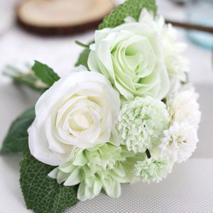 Luxe Dahlia Rose Boeket Mariage Groen Blad Thuis Tafel Decor Wedding Bridal Kunstmatige Hand Bloemen Flores Artificiales