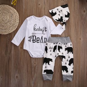 3 stks baby Jongens kleding Beer brief Patroon lange mouwen Romepr + broek + Hoed 3 stks pak pasgeboren baby boy kleding set