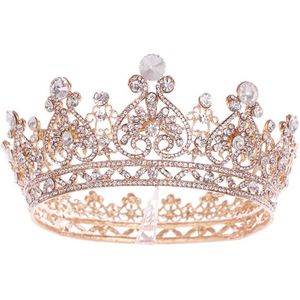 Goud Kleur Grote Ronde Kronen Barokke Tiara Kroon Crystal Heart Wedding Haar Accessoires Koningin Prinses Diadeem Bridal Ornamenten