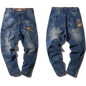 Blauw Gat Geript Baggy Jeans Heren Hiphop Streetwear Skateboard Denim Broek mannen Camouflage Losse Jeans plus Size 4XL 102106