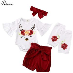 Baby Zomer Kleding Pasgeboren Baby Meisje Kerst Flare Mouw Romper + Shorts + Beenwarmers + Hoofdband Herten Outfit kleding 4 STUKS