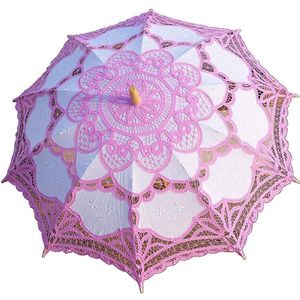 Borduren Lace Bridal Paraplu Parasol Zwart Rood Wit Katoen Zonnescherm Voor Bruid Houten Handvat Bruiloft Decoratie Paraplu