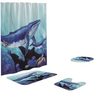 Ouneed Blauwe oceaan wereld Douche Gordijnen set 4 STUKS @ Non Slip Leuke dolfijn Wc Polyester Cover Mat Set Badkamer douchegordijnen
