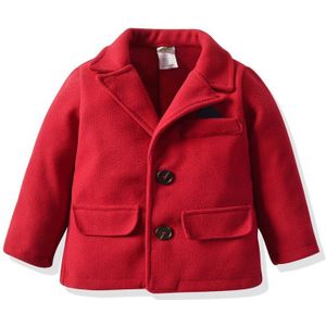 Baby Jongen Gentleman Fall Winter Warme Wollen Jas Outfit V Hals Effen Rode Kleur Lange Mouw Knop Top Jacket Uitloper met Pocket