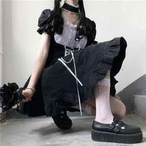 Victoriaanse Black Gothic Lolita Zomer Jurk Japanse Meisje Punk Stijl Bladerdeeg Mouw Bandage Jurk Vrouwen Jurken Harajuki Vestido