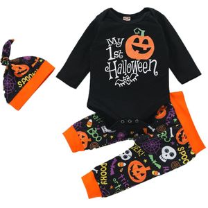 Halloween Pasgeboren Baby Jongen Meisje Met Lange Mouwen Katoen Bodysuit Tops Pompoen Print Lange Broek Hoed 3 Stuks Kleding 0-24M