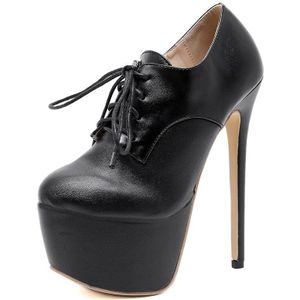 NIUFUNI Vrouwen PU Lederen Platform Laarzen Lace-Up 16CM Super Hoge Hakken Mode Zwarte Enkellaarsjes lente Herfst Schoenen