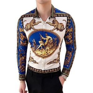 Goud Luipaard Print Shirt Mannen Camisa Masculina Lange Mouwen Vier Slim Fit Casual Shirts Zomer Mens Club Sociale top