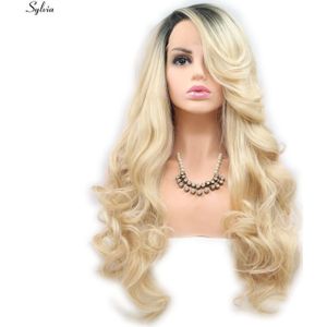 Sylvia Blonde Synthetische Kant Pruiken Ombre Lange Body Wave Met donkere Wortels Hittebestendige Vezel Haar Pruik Voor Vrouwen Zijscheiding