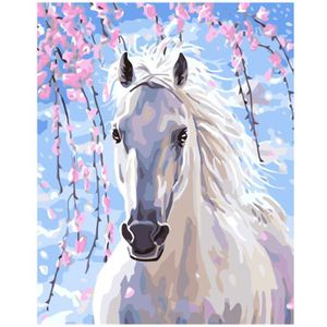 Verf Door Nummers Voor Volwassenen En Kinderen Diy Olieverf Kits Pre-Gedrukt Canvas Art Home Decoration-wit Paard En Bloem