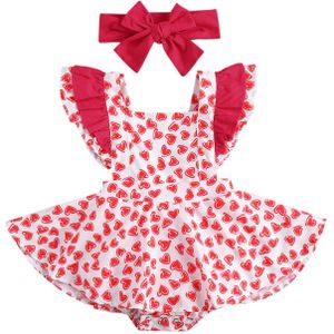 Focusnorm Valentijnsdag Mooie Baby Baby Meisjes Bodysuits Hoofdband Liefde Hart Print Ruches Korte Mouw Jumpsuits