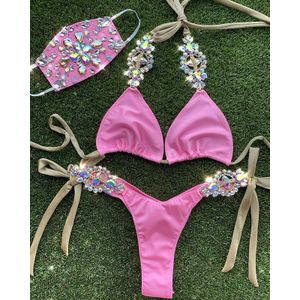 Sexy Rhinestone Bikini Vrouwen Solid Roze Sequin Crystal Diamond 3 Badpak Braziliaanse Zwemmers Badpak Thong Badmode