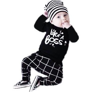 Mode Baby Boy Kleding Zwart Katoen Met Lange Mouwen T-shirt + Broek 2 Stuks Outfits Pasgeboren Peuter Baby meisje Kleding Set