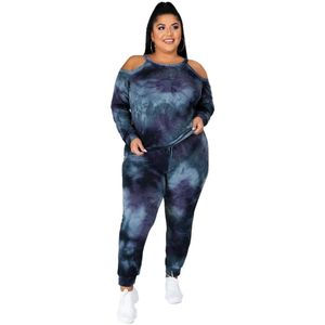 Casual Plus Size Vrouwen Tie-Dye Afdrukken Trainingspakken Herfst Lady O-hals Hollow Tees Skinny Sport Broek Twee stuk Sets