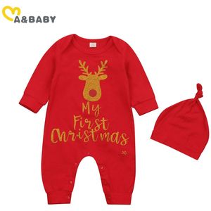 Ma & Baby 0-18M Mijn 1st Kerst Pasgeboren Baby Jongen Meisje Jumpsuit Lange Mouw Brief Herten rode Romper Xmas Outfits