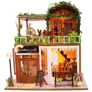 Mini Diy Houten Regenboog Koffie Winkel Poppenhuizen Gemonteerd Miniatuur Met Meubels Cijfers Poppenhuis Speelgoed Voor Kinderen Vriend