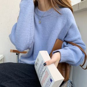 Ezgaga Blauw Trui Vrouwen Tender O-hals Lange Mouwen Effen Losse Herfst Winter Gebreide Trui Uitloper Koreaanse Chic Tops Casual