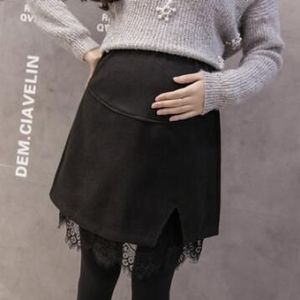 Zwangere Vrouwen Winter Zwart Kant Patchwork Wollen Rokken Onregelmatige Kantoor Dame Elegante Buik Skorts Shorts Mooie