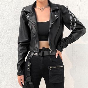 Faux Leather Jacket Cropped Vrouwen Jas Punk Harajuku Zwarte Korte Jas Vrouw Gotische Lange Mouwen Overjas Met Kettingen