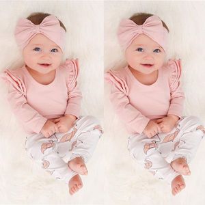 Baby Meisje Kleding Pasgeboren Baby Roze Ruche Lange Mouw Romper Tops Flamingo Print Broek En Hoofdband 3 Stuks Peuter Kleding set