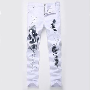 Mannen Casual Denim Jeans Lange Koreaanse Stijl Stretch Slim Fit Witte Print Jeans Lange Mode Plus Size 28-42