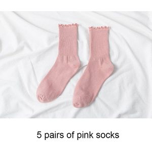 5 Pairs Vrouwen Katoenen Ruffle Stroken Sokken Zwart Wit Leuke Herfst Winter Mode Sokken Effen Kleur Zachte Gelukkig Meisje Sokken