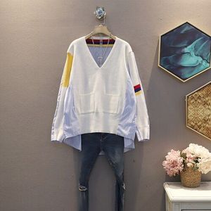 Xitao Koreaanse Stijl Plus Size Blouse Vrouwen V-hals Lambrisering Gebreide Gestreepte Shirt Minderheid Wilde Trend Vrouwen Kleding WJ1114