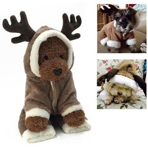 Dikke Hond Jumper Kleding Pak Bruin Rendier 4 Benen Kerst Puppy Honden Hooded Outfit Winter Warme Trui Dragen