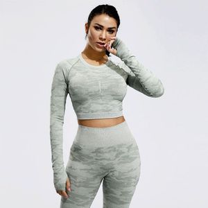 Camo Yoga T-Shirts Gym Naadloze Crop Tops Voor Vrouwen Compressie vrouwen Sport T-shirt Running Shirt Sweatshirt