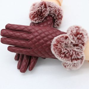 Touch Screen Lederen Handschoenen vrouwen Herfst Winter Dikke Warm Winddicht Waterdichte Outdoor Fietsen Rood Paars Zwart Bont Wanten