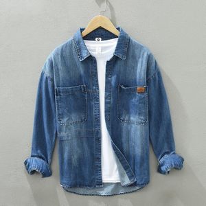 2022 Spring Men&#39;s Retro Blue Denim Shirt Korean Loose Casual Autumn Jean Jacket Male Brand Light Blue Shirt Jacket