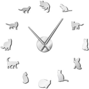 Frameloze Katten Silhouette Wall Art Klok Horloge Kittens 3D Diy Wandklok Speelse Kat Vorm Grote Naalden Meisje Kamer Kit decoratie