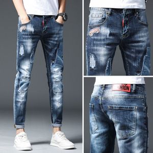 Heren Jeans Skinny Ripped Jeans Voor Mannen Elastische Broek Broek Katoen Borduren Hip Hop Herfst Lente Blauw